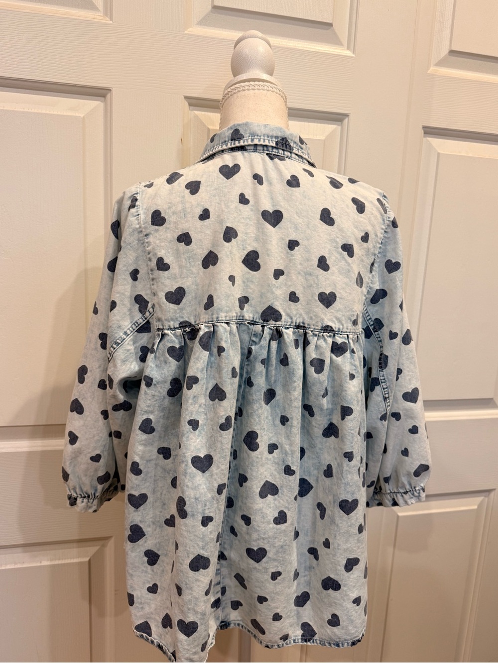 Cato Heart Print Chambray Babydoll Tunic Top Small Blue 3/4 Sleeve - Picture 6 of 9
